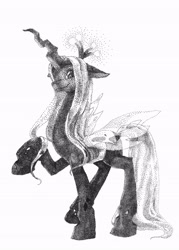 Size: 2500x3496 | Tagged: safe, artist:univertaz, queen chrysalis, changeling, changeling queen, monochrome, pointillism, solo, stylized