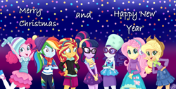 Size: 3380x1700 | Tagged: safe, artist:liniitadash23, derpibooru import, applejack, fluttershy, pinkie pie, rainbow dash, rarity, sci-twi, sunset shimmer, twilight sparkle, equestria girls, equestria girls series, 2018, clothes, coat, glasses, happy new year, happy new year 2018, hat, holiday, humane seven, looking at you, merry christmas, smiling, snow, snowfall