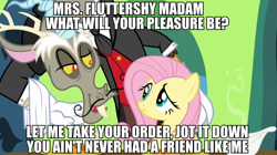 Size: 928x518 | Tagged: safe, discord, fluttershy, pegasus, pony, keep calm and flutter on, aladdin, disney, image macro, song reference