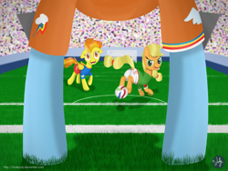 Size: 4000x3000 | Tagged: safe, artist:misterjuly, derpibooru import, applejack, rainbow dash, spitfire, earth pony, pegasus, pony, football, hoers, sports