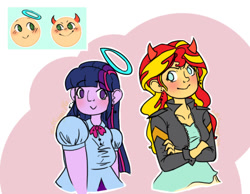 Size: 540x420 | Tagged: safe, artist:axmuffins, sunset shimmer, twilight sparkle, twilight sparkle (alicorn), alicorn, angel, equestria girls, devil, devil horns, female, halo, lesbian, shipping, sunsetsparkle