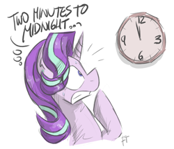 Size: 1360x1168 | Tagged: safe, artist:flutterthrash, starlight glimmer, pony, unicorn, atg 2017, clock, dialogue, female, iron maiden, mare, newbie artist training grounds, powerslave (album), simple background, solo, song reference, two minutes to midnight (song), white background