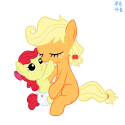 Size: 1200x1200 | Tagged: safe, artist:mrs1989, apple bloom, applejack, earth pony, pony, baby, baby apple bloom, baby pony, diaper, filly, foal