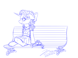 Size: 1024x768 | Tagged: safe, artist:novaintellus, starlight glimmer, pony, unicorn, atg 2017, bench, blushing, bow, clothes, cute, dress, glimmerbetes, jewelry, monochrome, necklace, newbie artist training grounds, ribbon, sitting, sketch, solo