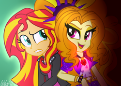 Size: 696x496 | Tagged: safe, artist:wubcakeva, adagio dazzle, sunset shimmer, equestria girls, clothes, female, multicolored hair