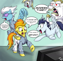 Size: 1275x1233 | Tagged: safe, artist:mattings, bulk biceps, derpy hooves, fleetfoot, soarin', spitfire, pegasus, pony, rainbow falls, behind the scenes, blank flank, female, lisp, mare, oh come on, scene parody, summary, television, truth, vulgar