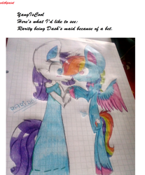 Size: 3288x3976 | Tagged: safe, artist:edithpaint, derpibooru import, rainbow dash, rarity, pegasus, pony, semi-anthro, unicorn, big ears, blushing, clothes, dress, female, graph paper, lesbian, looking at each other, mare, raridash, shipping, traditional art, unshorn fetlocks, wedding dress