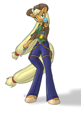 Size: 1500x2250 | Tagged: safe, artist:short circuit, applejack, anthro, unguligrade anthro, gun