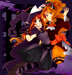 Size: 4230x4368 | Tagged: safe, artist:silvertrash, adagio dazzle, sunset shimmer, equestria girls, absurd resolution, clothes, female, halloween, lesbian, shipping, sunsagio