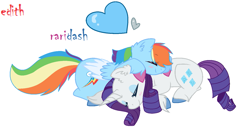 Size: 1397x749 | Tagged: safe, artist:edithpaint, derpibooru import, rainbow dash, rarity, pegasus, pony, unicorn, blushing, ear fluff, eyes closed, female, heart, lesbian, mare, raridash, shipping, simple background, sleeping, smiling, unshorn fetlocks, white background