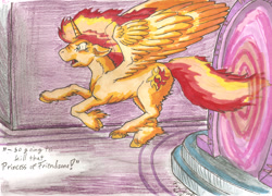 Size: 2262x1629 | Tagged: safe, artist:foxofwar, sunset shimmer, alicorn, pony, equestria girls, alicornified, angry, magic mirror, markers, newbie artist training grounds, pencil drawing, portal, race swap, shimmercorn, solo, traditional art, watercolor painting