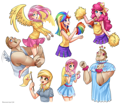 Size: 1600x1377 | Tagged: safe, artist:racoonsan, bulk biceps, derpy hooves, fluttershy, pinkie pie, twilight sparkle, human, rainbow falls, breasts, cheerleader, cheerleader sparkle, clothes, dress, female, hootershy, horned humanization, humanized, implied flutterbulk, implied shipping, lifted up, lifting, light skin, roid rage, scene interpretation, shipping fuel, sketch dump, skirt, sweater, sweatershy, t-shirt, tanktop, winged humanization