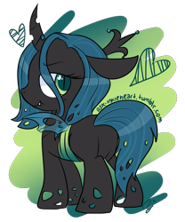 Size: 1497x1801 | Tagged: safe, artist:inkie-heart, queen chrysalis, changeling, changeling queen, bugbutt, butt, cute, cutealis, fangs, female, floating heart, heart, heart eyes, looking at you, looking back, looking back at you, obtrusive watermark, plot, rear view, signature, simple background, solo, transparent background, watermark, wingding eyes