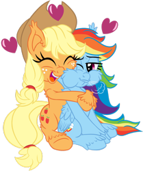 Size: 1280x1529 | Tagged: safe, artist:discorded, derpibooru import, applejack, rainbow dash, earth pony, pegasus, pony, appledash, cute, eyes closed, female, fluffy, happy, heart, hug, lesbian, nuzzling, puffy cheeks, rubbing, shipping, sitting, smiling, unshorn fetlocks, wink