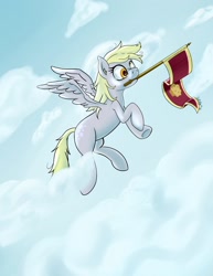 Size: 1190x1540 | Tagged: safe, artist:swordkirby, derpy hooves, pegasus, pony, rainbow falls, female, flag, flying, mare, solo, the grey one's glorious return