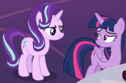 Size: 946x622 | Tagged: safe, edit, edited screencap, screencap, starlight glimmer, twilight sparkle, twilight sparkle (alicorn), alicorn, pony, unicorn, fame and misfortune, cropped, duo, duo female, female