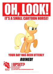 Size: 2480x3508 | Tagged: safe, artist:bamthand, applejack, earth pony, pony, blonde, female, hatless, mare, missing accessory, poster, raised hoof, solo, your day is ruined