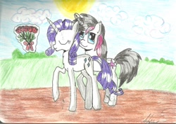 Size: 1024x724 | Tagged: safe, artist:catkotek, rarity, oc, pony, unicorn, canon x oc, female, male, shipping, straight, traditional art