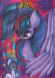 Size: 817x1158 | Tagged: safe, artist:emi-288, starlight glimmer, twilight sparkle, twilight sparkle (alicorn), alicorn, pony, unicorn, crown, jewelry, regalia, traditional art, twilight's castle