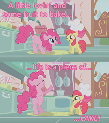 Size: 563x634 | Tagged: safe, screencap, apple bloom, pinkie pie, earth pony, pony, image macro, pink text, song reference, the eraserheads