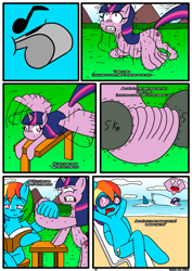 Size: 1233x1746 | Tagged: safe, artist:otakon, derpibooru import, rainbow dash, twilight sparkle, twilight sparkle (alicorn), alicorn, pegasus, pony, comic:love in the clouds, anatomically incorrect, bonnie tyler, comic, exercise, female, incorrect leg anatomy, lesbian, patreon, shipping, training, twidash, weights, whistle, wing hands