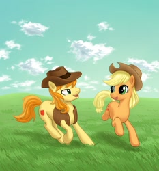 Size: 1637x1754 | Tagged: safe, artist:dannylim86, applejack, braeburn, earth pony, pony, field, running, sky