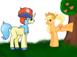 Size: 1024x768 | Tagged: safe, artist:asinglepetal, applejack, earth pony, pony, crossover, keldeo, pokémon