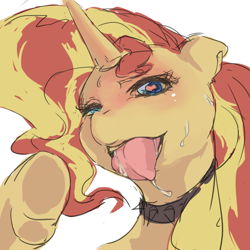 Size: 512x512 | Tagged: safe, artist:senpainooshiri, sunset shimmer, pony, unicorn, choker, drool, drool string, female, heart eyes, mare, open mouth, simple background, sketch, solo, spiked choker, sweat, tongue out, wingding eyes