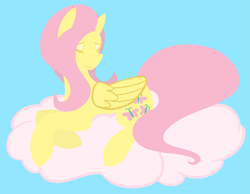 Size: 1685x1305 | Tagged: safe, artist:clair, fluttershy, pegasus, pony, cloud, eyes closed, solo