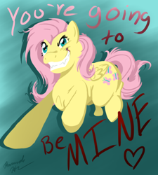 Size: 450x500 | Tagged: safe, artist:blemy, fluttershy, pegasus, pony, evil grin, fangs, grin, hoers, insanity, running, smiling, solo, yandere