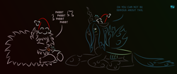 Size: 1000x421 | Tagged: safe, artist:quint-t-w, queen chrysalis, oc, oc:fluffle puff, changeling, changeling queen, original species, pony, christmas, christmas carol, christmas changeling, dialogue, female, gradient background, hat, holiday, lying down, minimalist, modern art, music notes, old art, paper, santa hat, spittle, tongue out