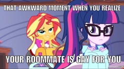 Size: 750x419 | Tagged: safe, edit, edited screencap, screencap, sci-twi, sunset shimmer, twilight sparkle, equestria girls, legend of everfree, female, flirting, lesbian, meme, scitwishimmer, shipping, sunsetsparkle