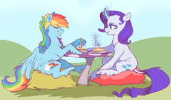 Size: 1244x730 | Tagged: source needed, safe, artist:xenon, derpibooru import, rainbow dash, rarity, classical unicorn, pegasus, pony, unicorn, cloven hooves, curved horn, cute, dashabetes, date, dinner table, duo, female, food, fork, glowing horn, hay, leonine tail, lesbian, magic, mare, mushroom, pancakes, pillow, raribetes, raridash, shipping, sitting, telekinesis, unshorn fetlocks