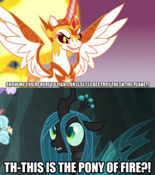 Size: 1280x1440 | Tagged: safe, edit, edited screencap, screencap, daybreaker, queen chrysalis, alicorn, changeling, changeling queen, pony, a royal problem, frenemies (episode), broly, caption, dragon ball z, female, frieza, image macro, mane of fire, mare, meme, text