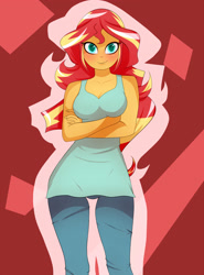 Size: 2000x2700 | Tagged: safe, artist:backgrounduser, sunset shimmer, equestria girls, breasts, clothes, crossed arms, cute, female, looking at you, pants, smiling, solo, sunset jiggler, tanktop