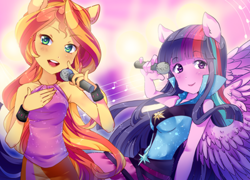 Size: 400x288 | Tagged: safe, artist:loyaldis, sunset shimmer, twilight sparkle, twilight sparkle (alicorn), alicorn, equestria girls, rainbow rocks, duo, ponied up, singing