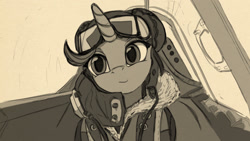 Size: 2127x1202 | Tagged: safe, artist:lunebat, starlight glimmer, pony, unicorn, cockpit, dunkirk, female, fighter pilot, goggles, mare, monochrome, pilot, royal air force, supermarine spitfire, world war ii