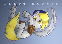 Size: 1754x1240 | Tagged: safe, artist:kuang-han, derpy hooves, pegasus, pony, falling, female, hat, mailpony, mare, pixiv, saddle bag, solo