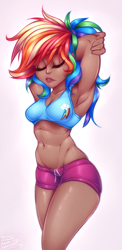 Size: 1227x2515 | Tagged: safe, artist:drizziedoodles, rainbow dash, human, arm behind head, armpits, clothes, cutie mark on clothes, dark skin, humanized, shorts, solo, sports bra, stretching