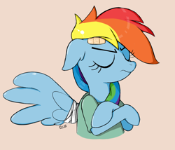 Size: 814x697 | Tagged: safe, artist:suismal, derpibooru import, rainbow dash, pegasus, pony, read it and weep, bandage, bandaid, bust, clothes, crossed hooves, eyes closed, floppy ears, simple background, solo, spread wings, unamused, wings