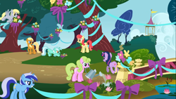 Size: 1366x768 | Tagged: safe, screencap, apple bumpkin, daisy, derpy hooves, flower wishes, lyra heartstrings, minuette, twilight sparkle, pegasus, pony, swarm of the century, apple family member, female, mare