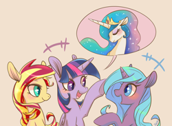 Size: 1280x935 | Tagged: safe, artist:phyllismi, idw, princess celestia, radiant hope, sunset shimmer, twilight sparkle, twilight sparkle (alicorn), alicorn, pony, unicorn, talking, thought bubble