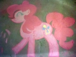 Size: 1024x765 | Tagged: safe, pinkie pie, earth pony, pony, chalk, chalk drawing, eyes closed, female, mare, photo, raised hoof, smiling, solo, traditional art