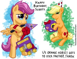 Size: 720x553 | Tagged: safe, artist:texasuberalles, applejack, scootaloo, earth pony, pegasus, pony, ashleigh ball, birthday, duo, hat, helmet, maddy peters, party hat, scootalove, scooter