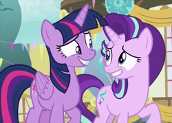 Size: 717x514 | Tagged: safe, screencap, starlight glimmer, twilight sparkle, twilight sparkle (alicorn), alicorn, pony, triple threat, cropped, duo, duo female, female