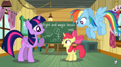 Size: 3000x1650 | Tagged: safe, artist:bepreeh, artist:brony250, derpibooru import, apple bloom, rainbow dash, twilight sparkle, twilight sparkle (alicorn), alicorn, alicornified, bloomicorn, chalkboard, clubhouse, crusaders clubhouse, race swap, request, teaching