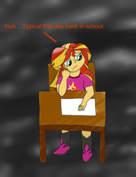 Size: 2550x3300 | Tagged: safe, artist:huffy26, sunset shimmer, equestria girls, clothes, desk, female, solo, two toned hair