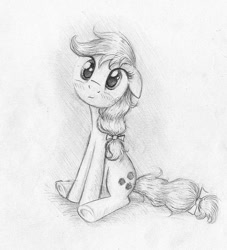 Size: 824x906 | Tagged: safe, artist:magfen, applejack, earth pony, pony, blushing, floppy ears, looking at you, monochrome, sitting, smiling, solo, traditional art, underhoof