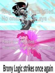 Size: 1000x1332 | Tagged: safe, edit, edited screencap, screencap, king sombra, pinkie pie, earth pony, pony, unicorn, the crystal empire, too many pinkie pies, caption, comic, imminent death, insane troll logic, op is a cuck, pinkie clone, screencap comic, text