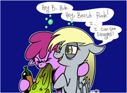 Size: 500x364 | Tagged: safe, artist:catfood-mcfly, berry punch, berryshine, derpy hooves, pegasus, pony, booze, drunk, female, mare, underp, vomit